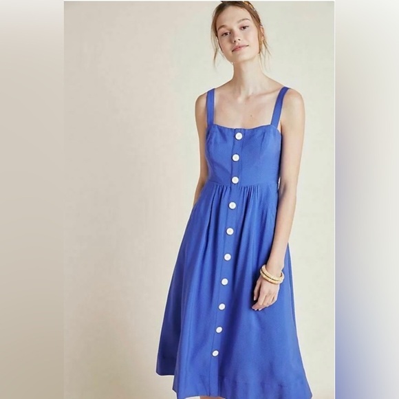 Maeve Blue Rosemary Midi Button Front Dress Sz 4 Pockets - Picture 1 of 8